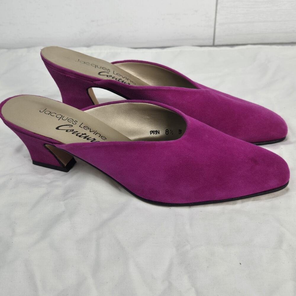 Vintage Jacques Levine Couture Suede Mules Fuchsia Pink Kitten Heels 8.5 B - Picture 11 of 11